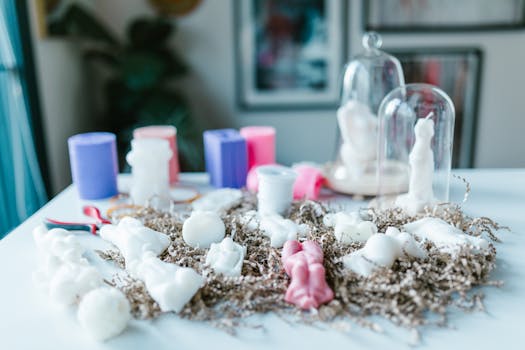 a display of homemade crafts